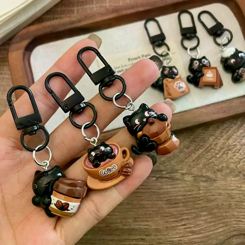 6Pcs Cute Chocolate Coffee Bag Charm Pendant Couples Backpack Purse Decoration Cartoon Black Cat Keychain For Women Gift - view 4