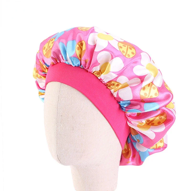 Elastic Children Satin Bonnet Cartoon Nightcap Round Synthetic Silk Shower Caps Night Sleep Polyester Hat Solid Lining