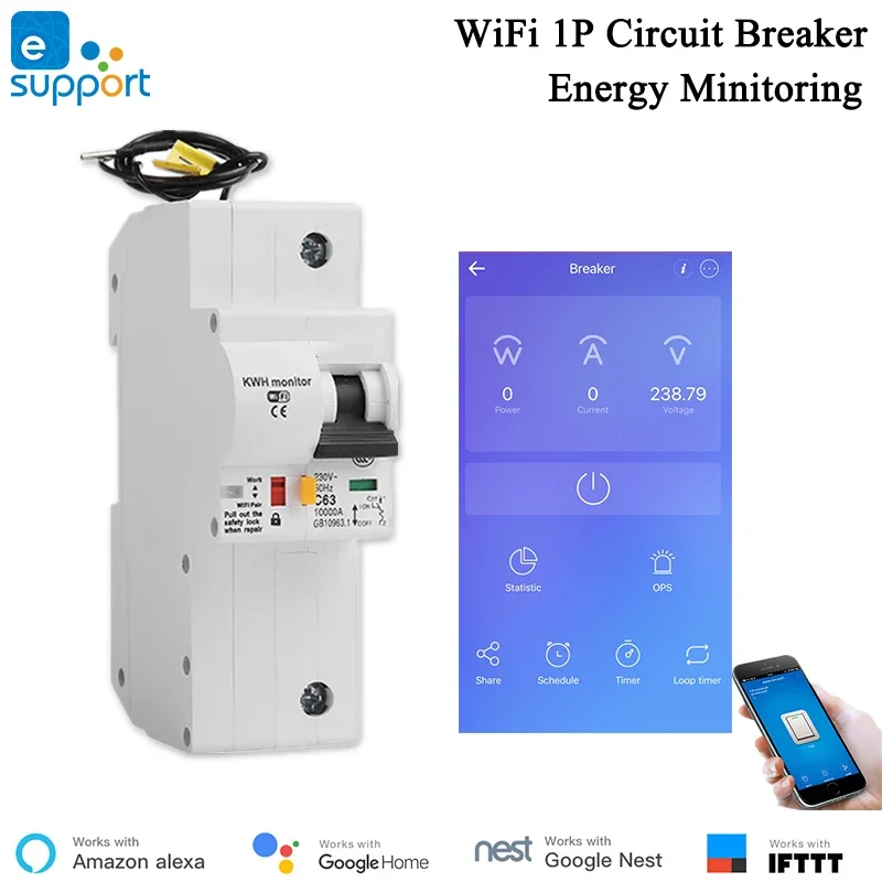 eWelink 1P Energy Monitoring WiFi Circuit Breaker APP Wireless Control Smart MCB Work with  Alexa Echo  Google Assistant IFTTT