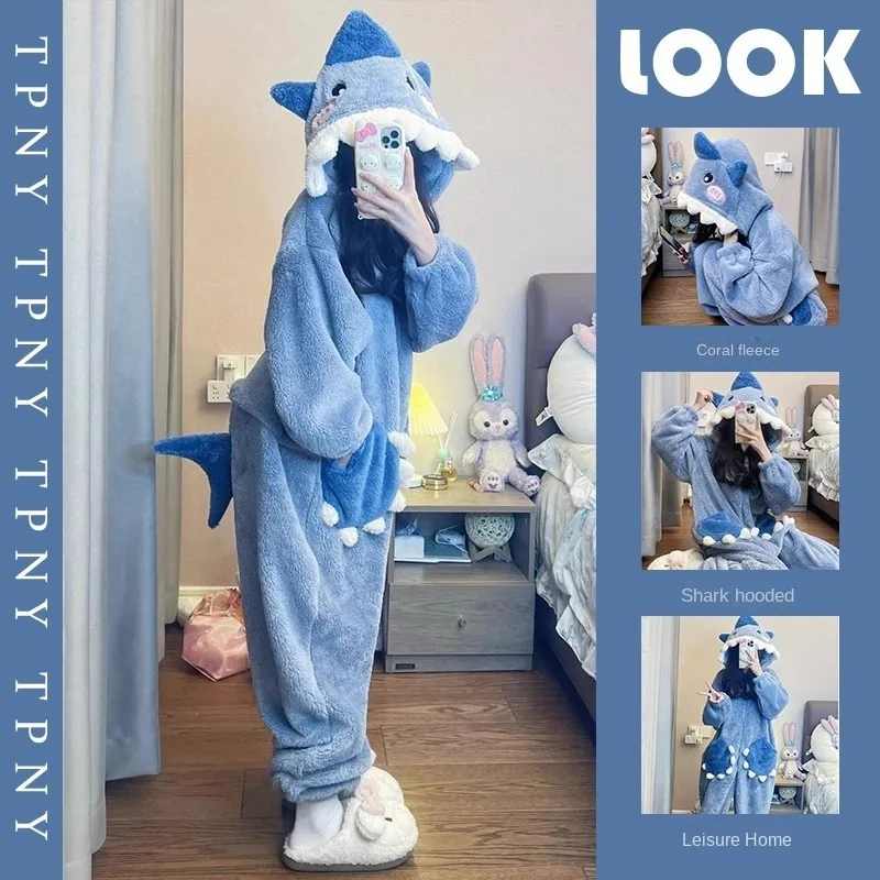 Connected body pajamas autumn and winter padded and thickened warm hooded robe students small shark Winter coral velvet pajama s