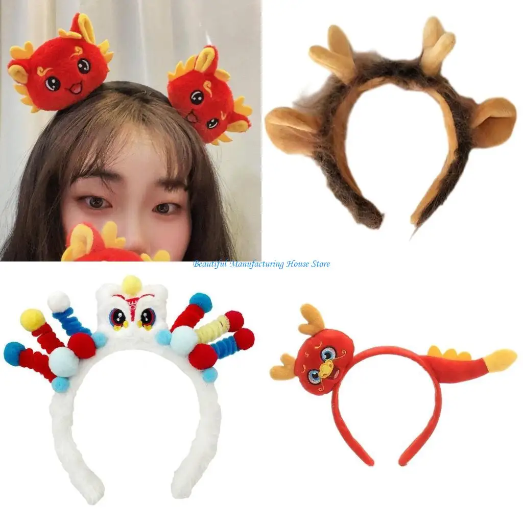 

E56A Stuffed Dragon Head Hair Hoop Women Spa Wash Face Makeup Headband for Photography New Year Hair Accessories