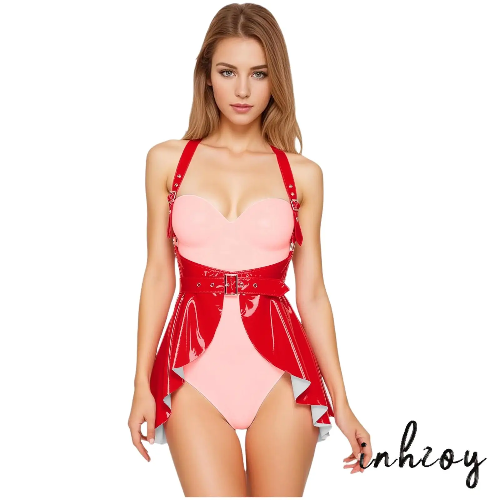 

Womens Glossy Suspenders Skirt with Belt 2-piece Set O-ring Linked Y-back Pleated Miniskirt And Waist Belt for Club Rave Party