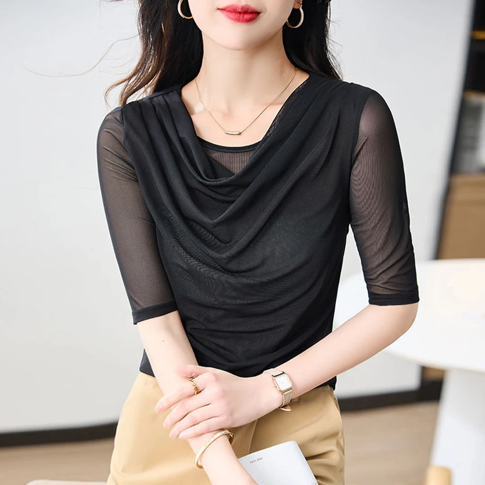 

Pleated Slim Fit Fold O Neck T Shirts Women Elastic Mesh Perspective Half Sleeve Swinging Collar Tops Tees S-3XL Ladies Clothing