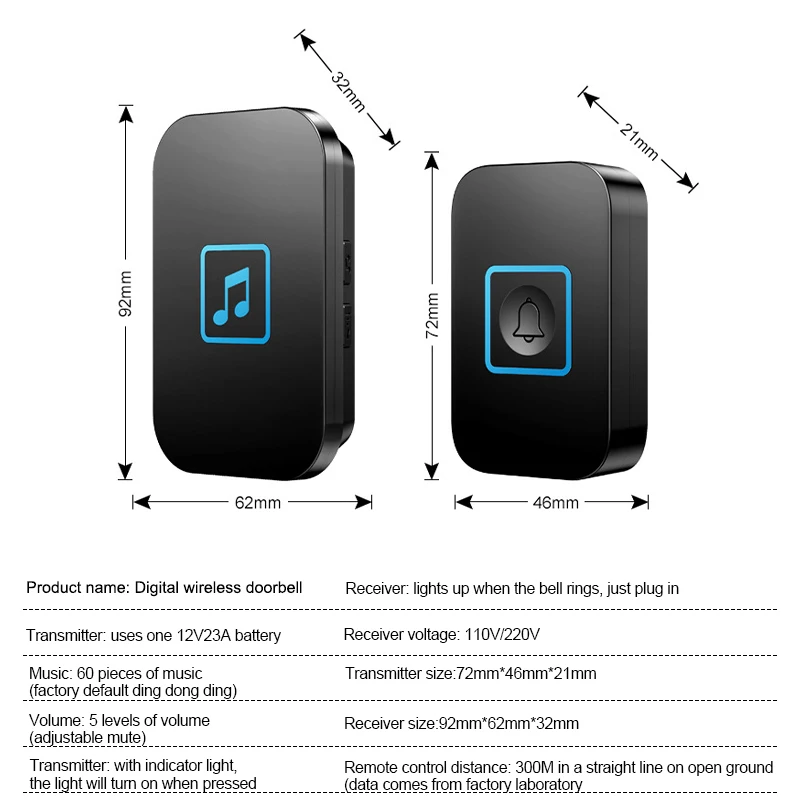 Waterproof Wireless Doorbell For Home Welcome Door Bells 300M/1000Ft Range 60 Songs 5 Ajudtable Volume Smart Home Door Chime Kit