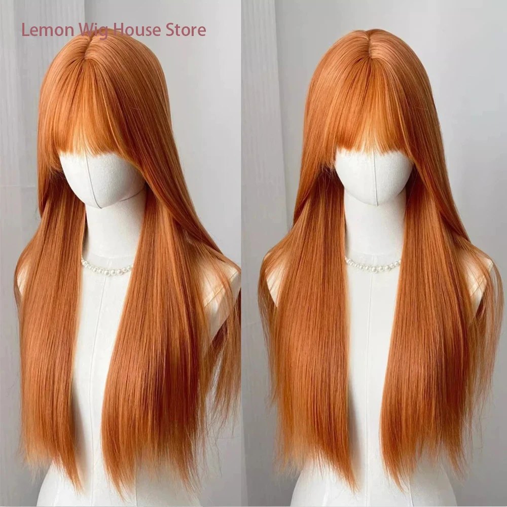Long Straight Hair Orange Synthetic Wig with Bangs Lolita Wigs Ash Blue Natural Wig for Women Daily Cosplay Wig Heat Resistant