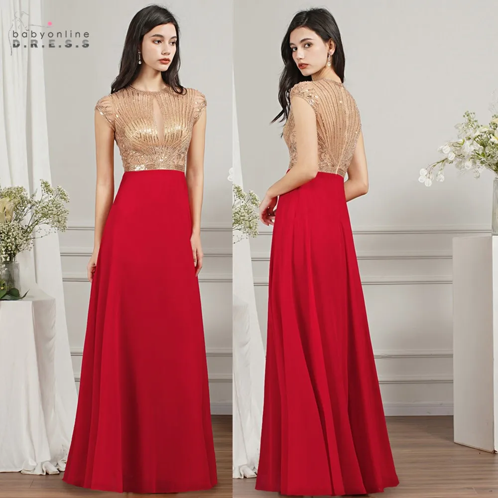 

Red Long Evening Dresses 2023 Women O-Neck A-line Cup Sleeve Sequins Formal Evening Prom Wedding Party Gowns robe de soirée