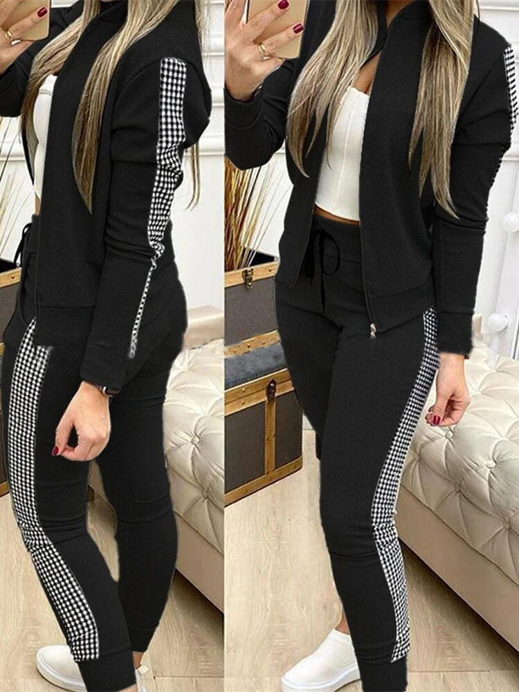 Trainingspakken Dames Elegant Tweedelig Pak Sets Dames Stijlvolle Griekse Fret Print Jas & Broek Ritssluiting Sets Joggers Vrouwen