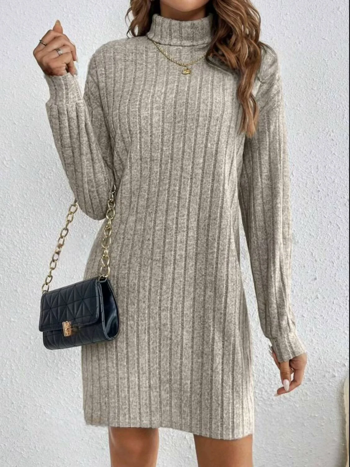 

2025 Spring and Autumn New Knitted Casual Dress from Europe and America Long Sleeve High Collar Dress High end Design