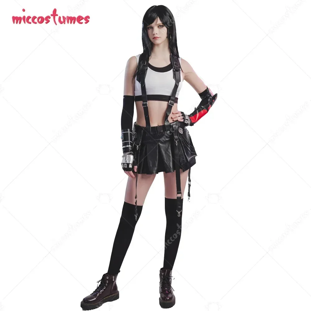 Miccostumes Women's Remake Tife Cosplay Costume Women's Remake Tife Crop Top and Skirt with Gloves and Thigh Socks