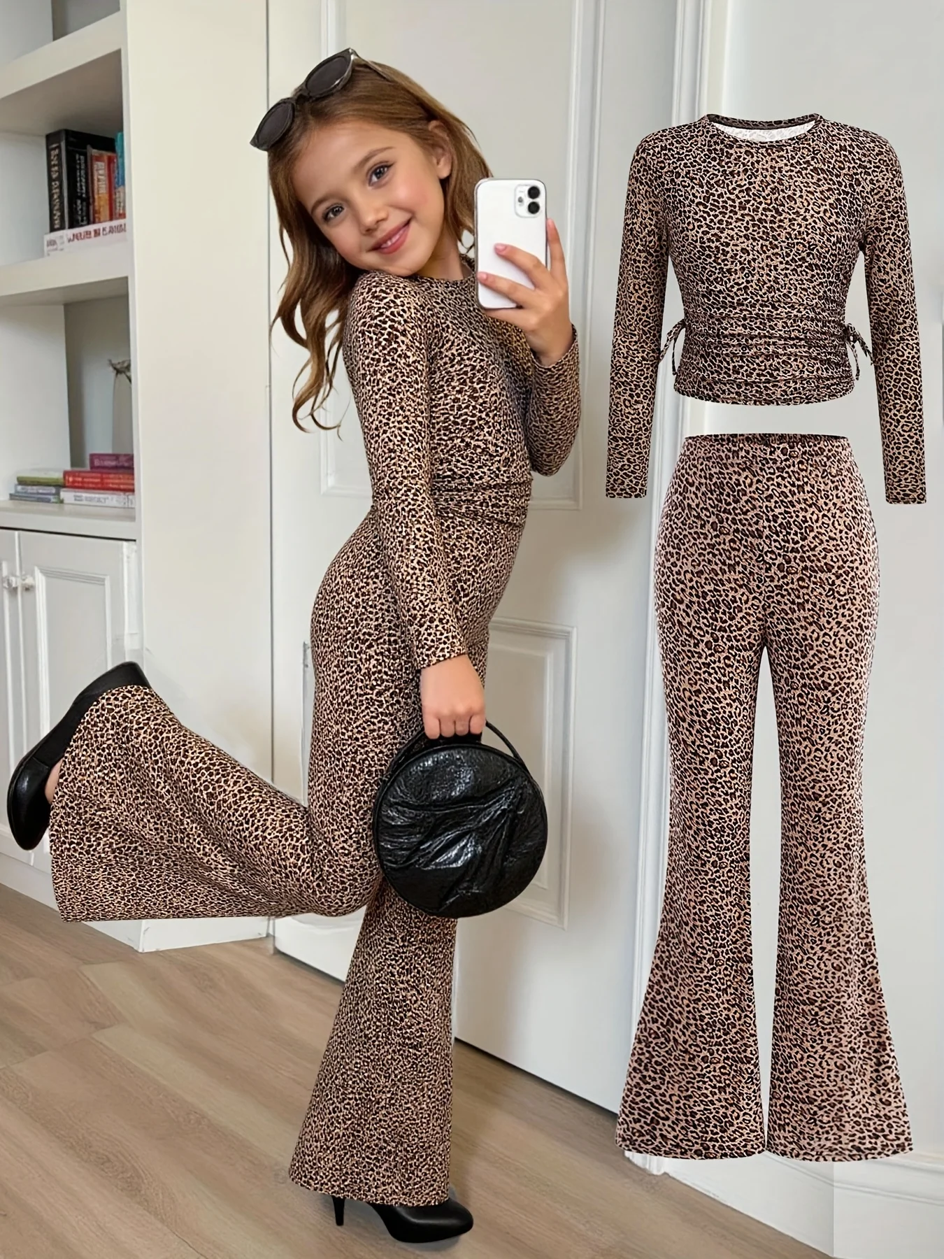 Mädchen-Herbst-Outfit-Set: Zufällig ausgewähltes Leopardenmuster-Strickoberteil + Plissierte Rundhals- und Schlaghose, Zweiteiliges Set, geeignet für Kinder über 5 Jahre, vielseitige Kleidung für Zuhause und Ausflüge. – Detail 1