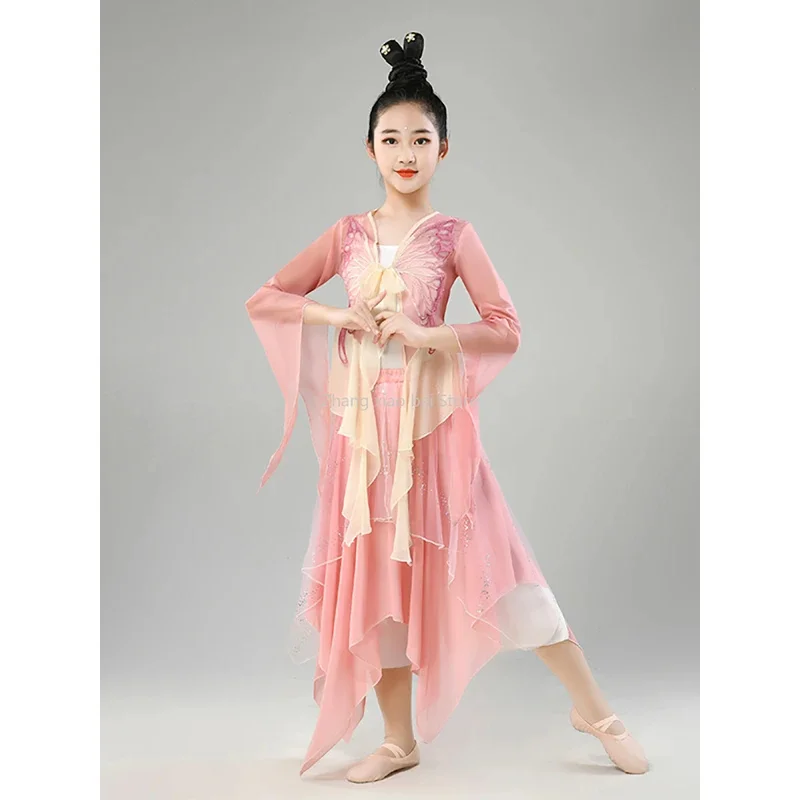 Girls Classical Dance Costume Practice clothes Chinese Dance Suit Body Rhyme Gauze Dress Long Sleeved Performance Costume