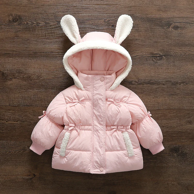 

Girls Cute Hooded Cotton Coat Fleece Ear Decor Long Sleeve Warm Padded Outerwears 1-6Y Children Thick Thermal Quilted Jackets
