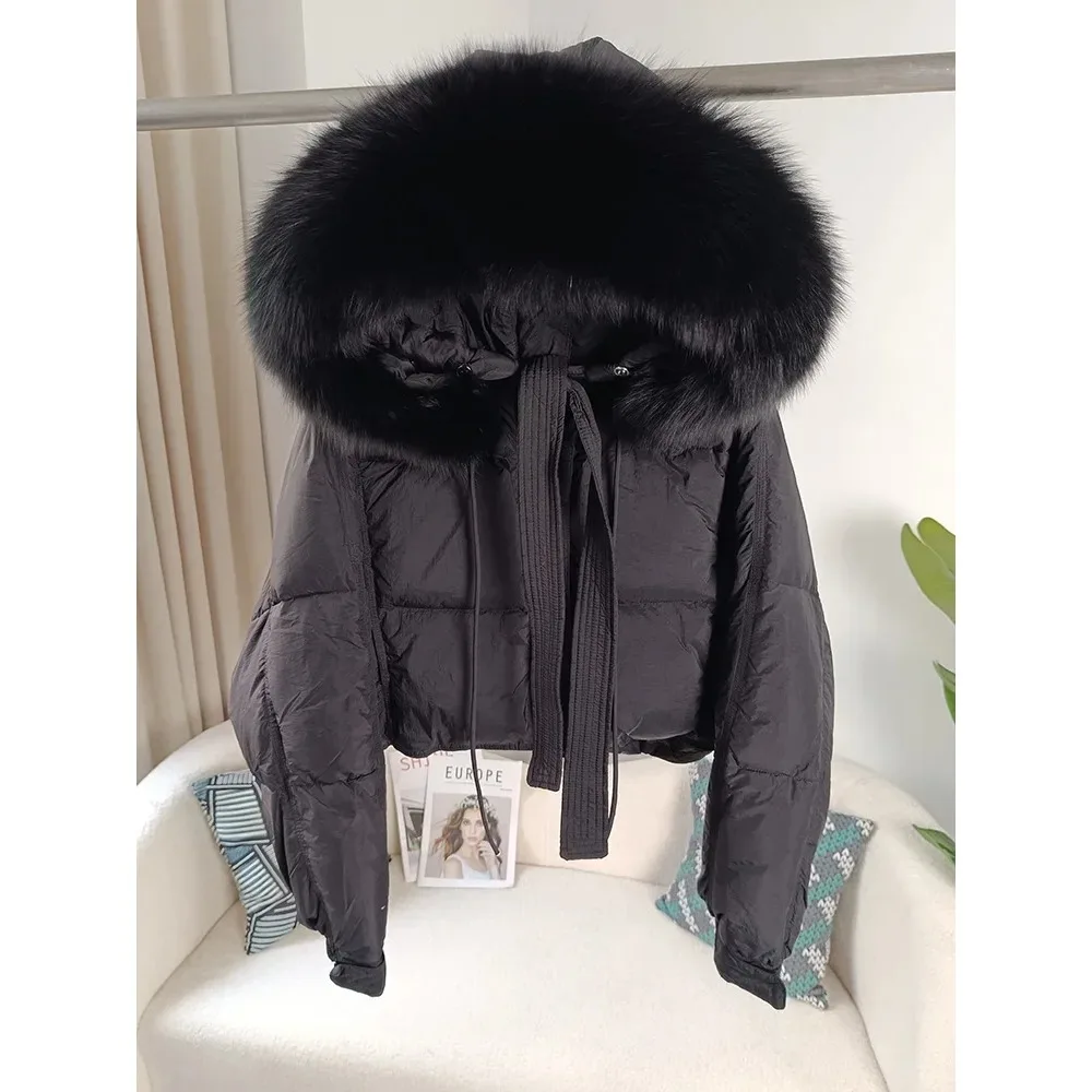 New Duck Down Loose Winter Jacket Women Real Fox Fur Raccoon Fur Collar Hooded Thick Warm Streetwear Outerwear Detachable