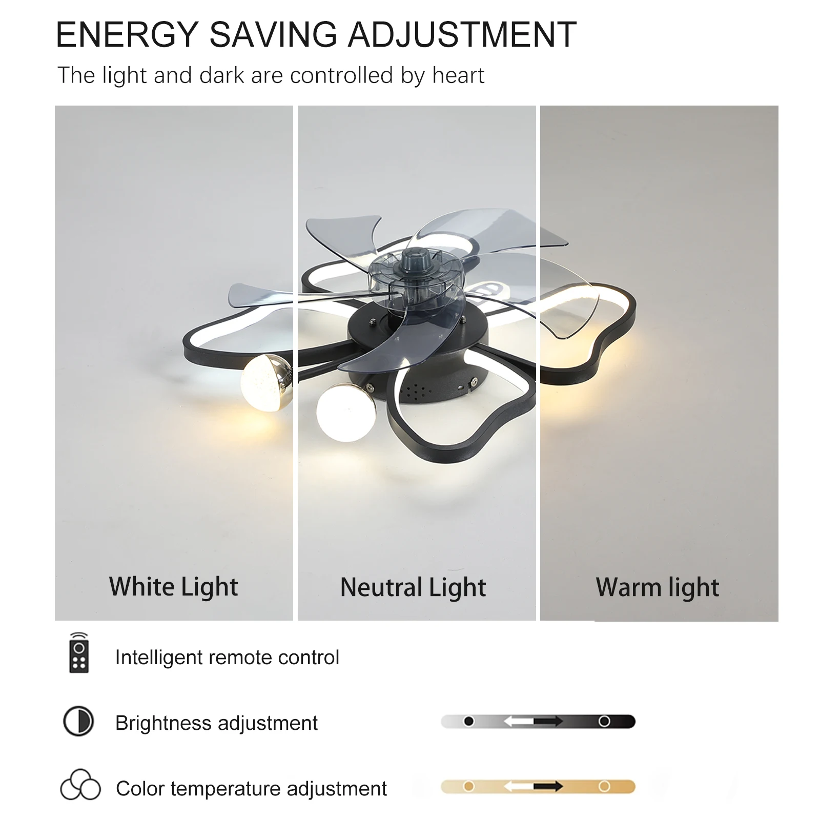 Modern Ceiling Fan with Lights,Transparent Blades,LED Adjustable Lamp,6-Speed Remote Control,Stylish Low-Profile Design