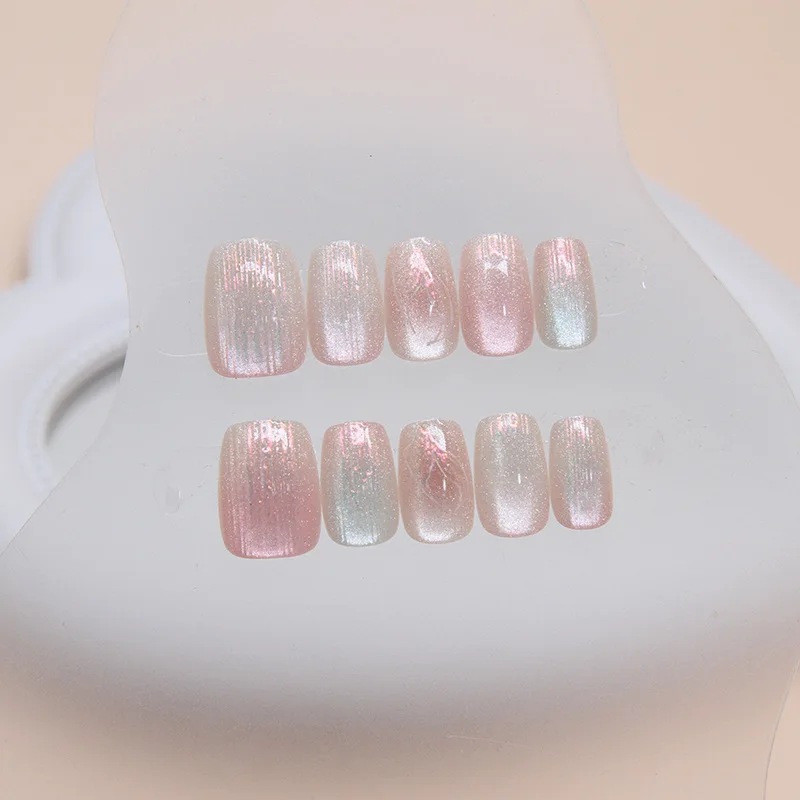 30pcs Mermaid Cat Eye Presss on Nails for Gluing Korean Short Square False Nails Set Simple Artificial Finger Fake Stick-on Nail