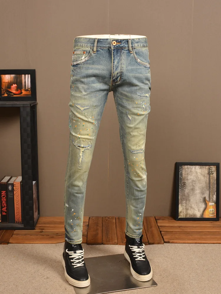 Retro Make Old Ripped Jeans Men's Spring and Autumn Fashion Slim High Street Pu Shuai Spray Paint Skinny Tappered Pants