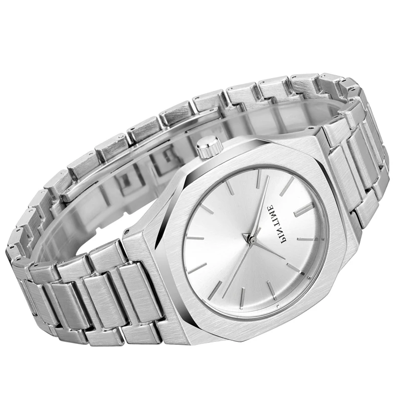 PINTIME-Reloj de pulsera de acero inoxidable para pareja, cronógrafo informal superfino, resistente al agua, de lujo, de cuarzo Simple, regalo