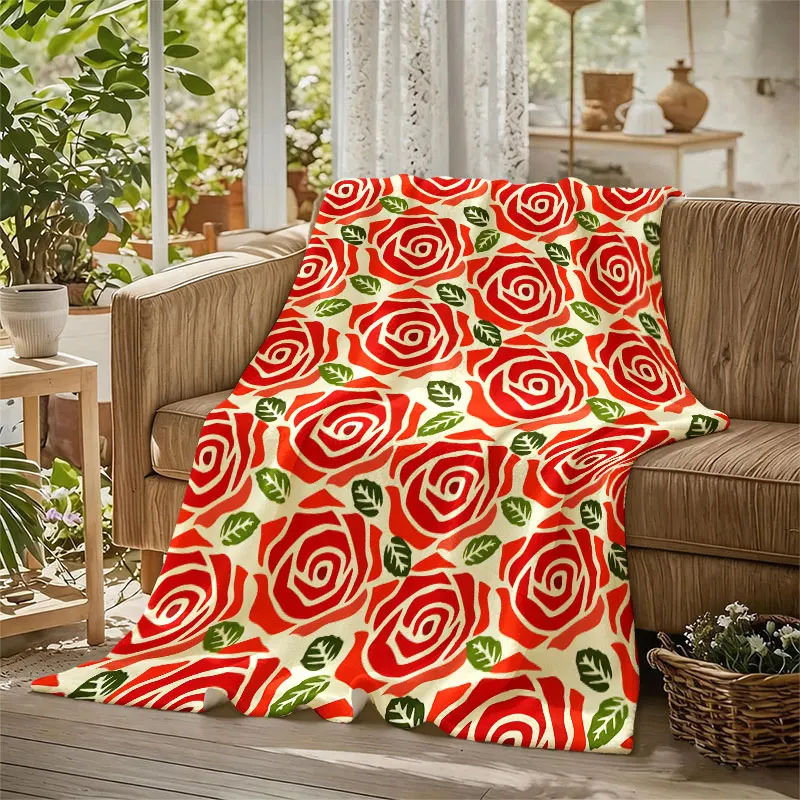 Red Rose Seamless Pattern Flannel Blanket Warm Soft Halloween Christmas Decorative Couch Warm Cozy All-Season Gift