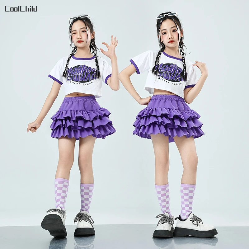 Girls Cute Summer Streetwear Children Hip Hop Crop Top Purple Tiered Skirts Clothes Sets Kids Teens Street Dance Jazz Costumes