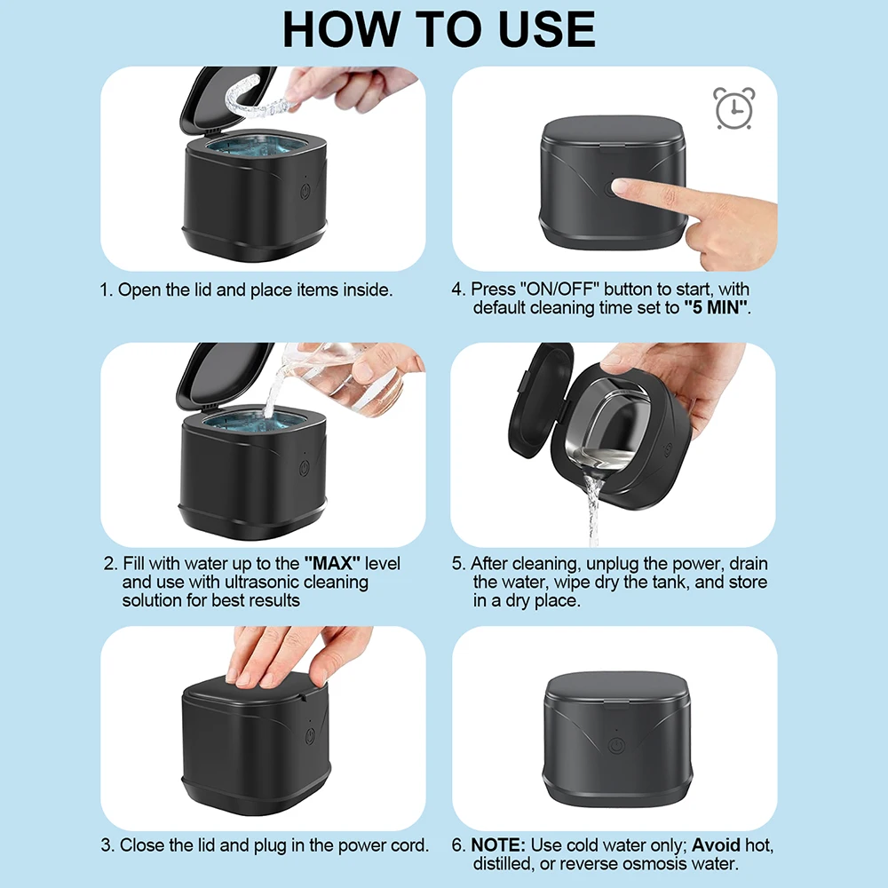 Ultrasonic Cleaner Machine 46000Hz Portable Ultrasonic Jewellery Cleaner for Dental Retainer Mouth Guard Watch Ring Cleaner Bath