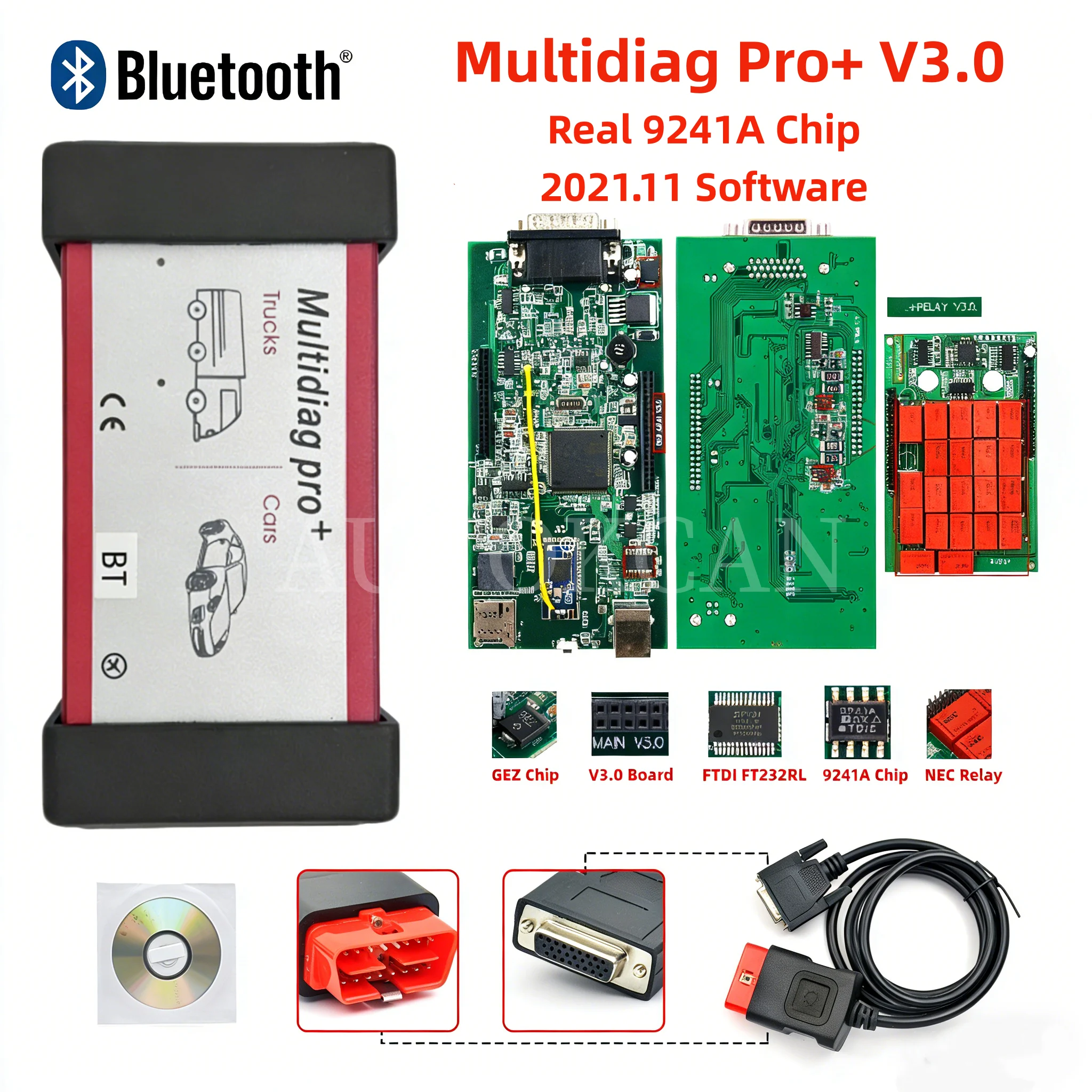 Multidiag Pro+ V3.0 Bluetooth VCI 2021.11 Software Real 9241A Car Truck TCS CDP OBD2 Scanner Diagnostic Tool