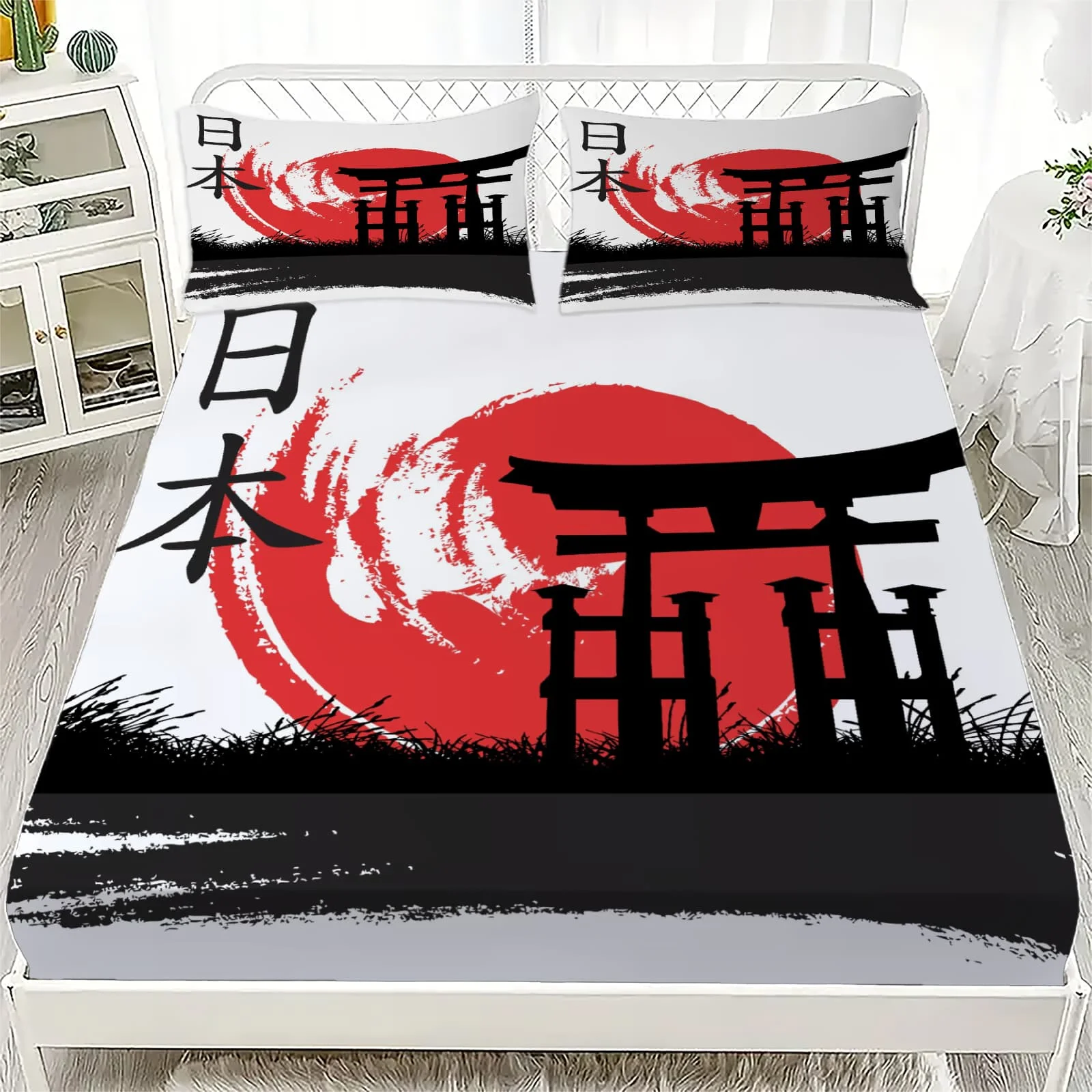 1pc Japanese Torii Gate and Red Sun Print Fitted Sheet Deep Pocket Elastic Mattress Cover Single Double Queen King Bedroom Decor