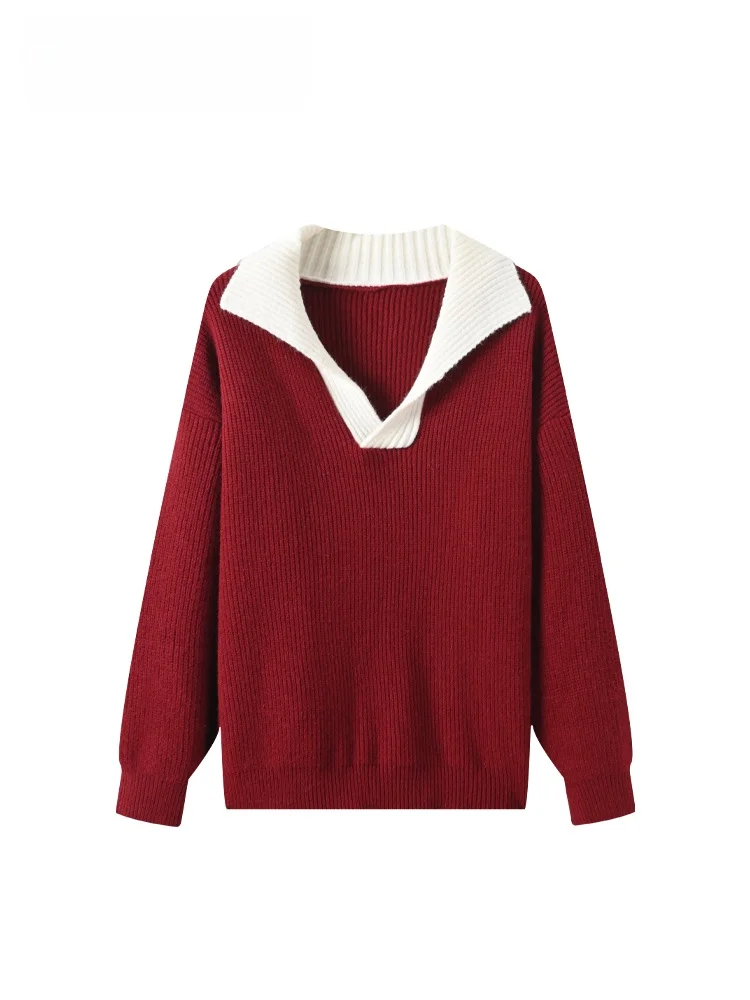 

plus Size Knitwear Long Sve Turn-down Collar Women's Early Spring New Sle Patchwork Slimming Red Top for Plump Sister