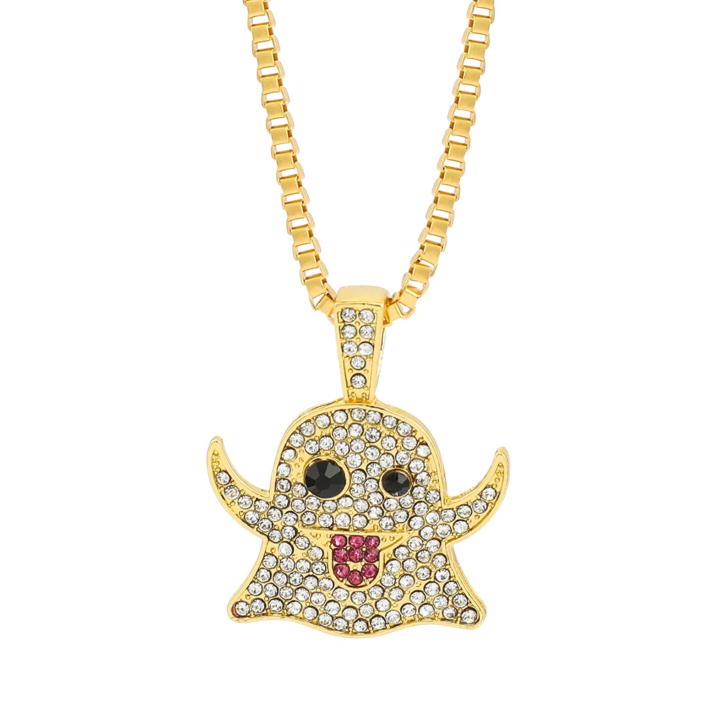 Hip Hop Iced Out Cubic Zircon Ghost Gold Color Pendant Necklace For Men Women Gothic Jewelry Long Chain Y2k Accessories Gift