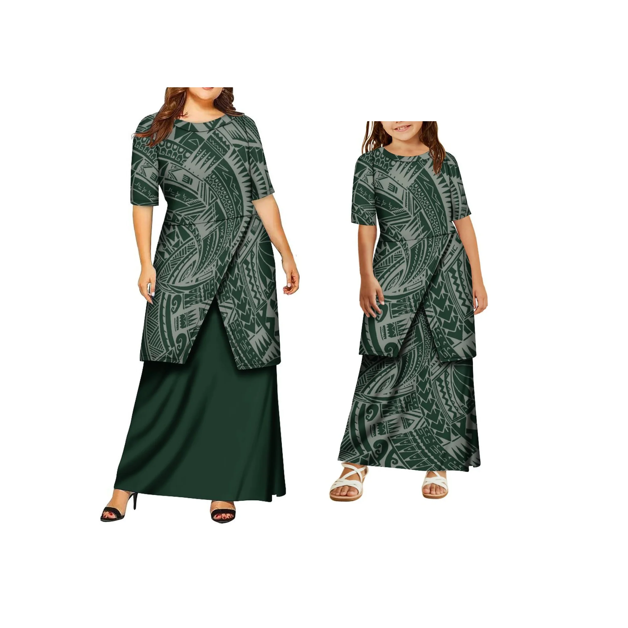 فستان صيفي مخصص للأم والبنت بتصميم على الطراز البولينيزي مكون من قطعتين فستان ساموا Puletasi برقبة دائرية نصف كم