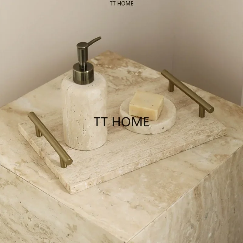 Off-white Travertine Decorative Tray, Platter Catchall Tray with Copper-Color Metal Handles for Counter, Vanity, Dresser