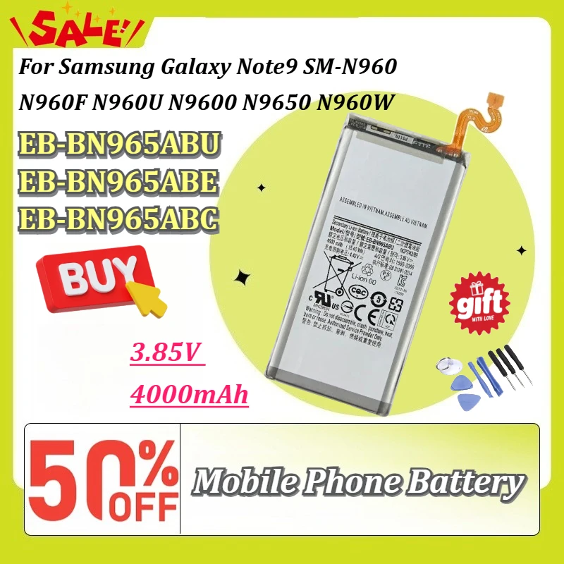 New EB-BN965ABU/ABE/ABC 3.85V 4000mAh Mobile Phone Battery For Samsung Galaxy Note9 SM-N960 N960F N960U N9600 N9650 N960W+Tools