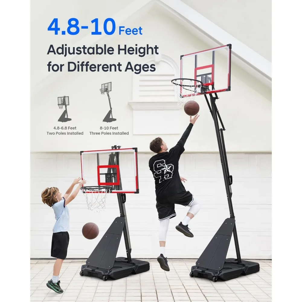 Adjustable Outdoor Basketball Hoop 4.8-10 Feet, 44 Shatterproof Backboard, Portable Basketball System with Rebound Plate