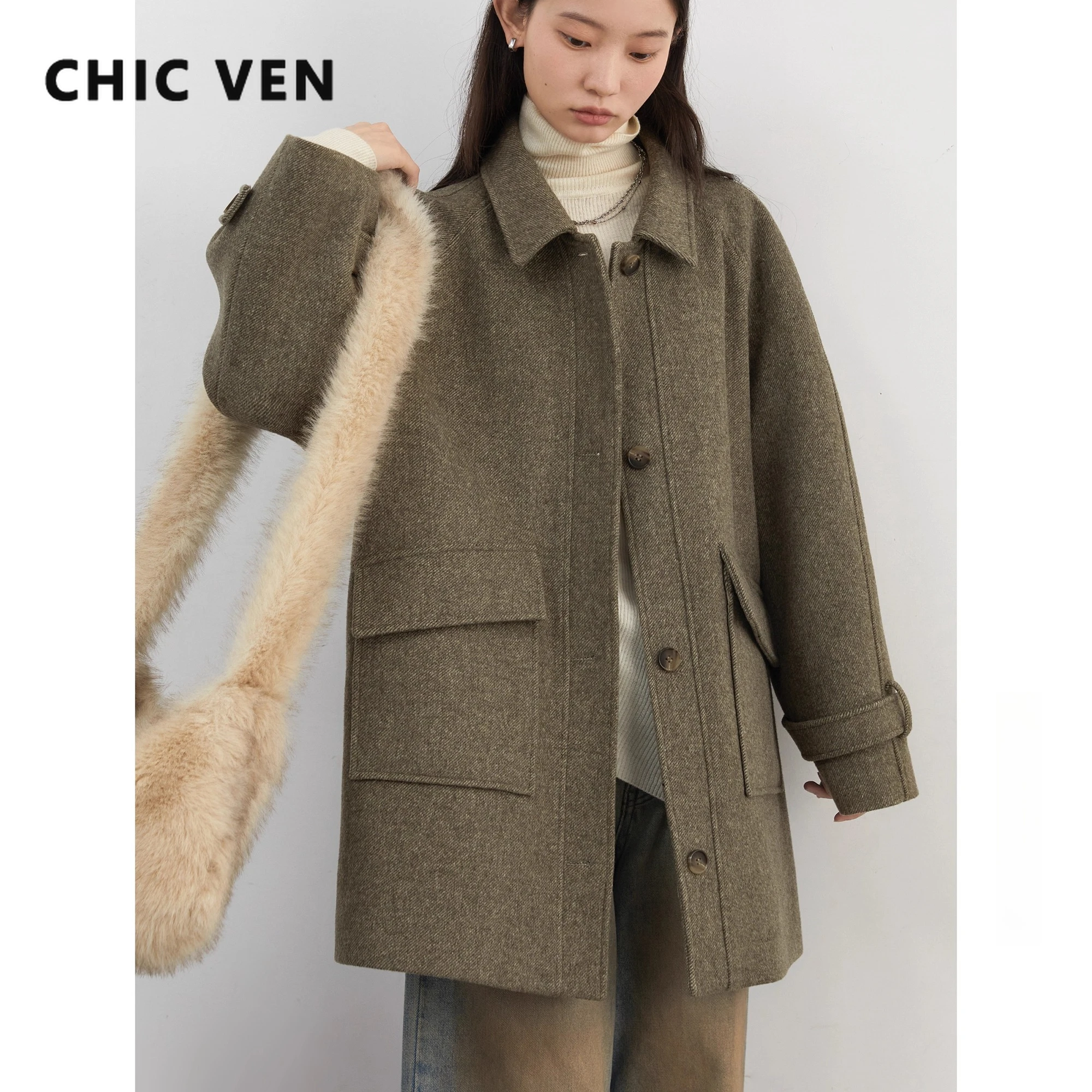 

CHIC VEN New Women Long Woolen Coat Loose Casual Single Breasted Solid Ladies Overcoat Retro Girl Outerwear Autumn Winter 2025