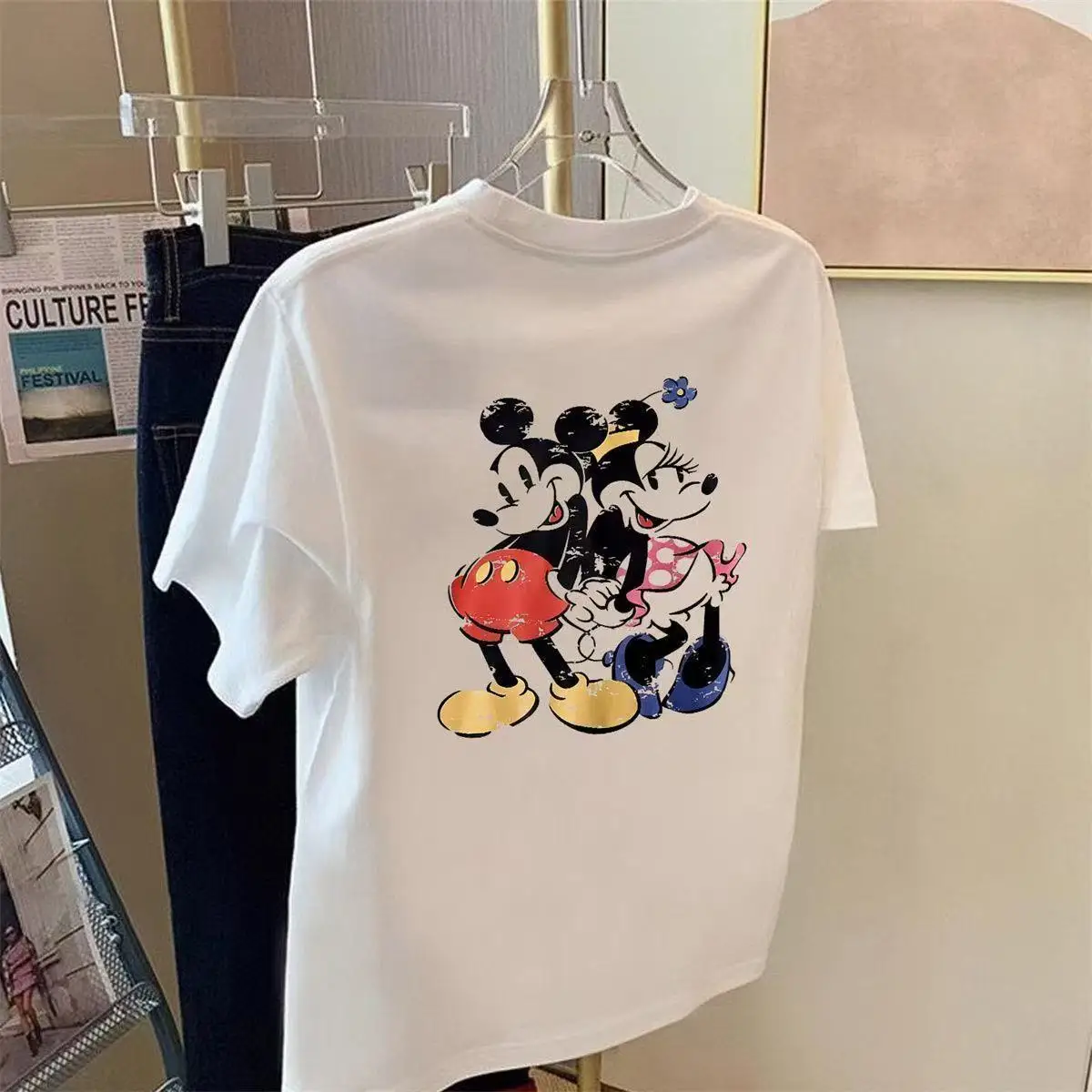 

Crew Neck Short-sleeved T-shirt Women's Summer American Retro Design Sense Disney Mickey Print Foreign Style Top