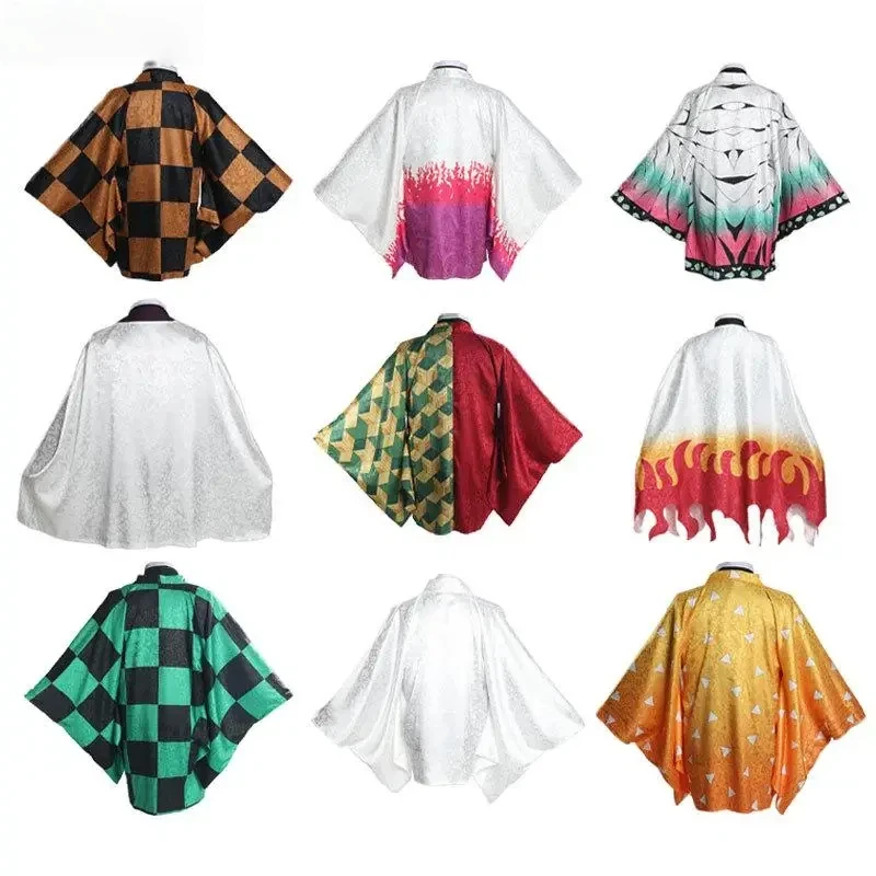 Disfraz de cosplay del personaje de anime Tomioka Giyuu Kamado Tanjiro, capa kimono de brocado, capa oscura estilo haori.