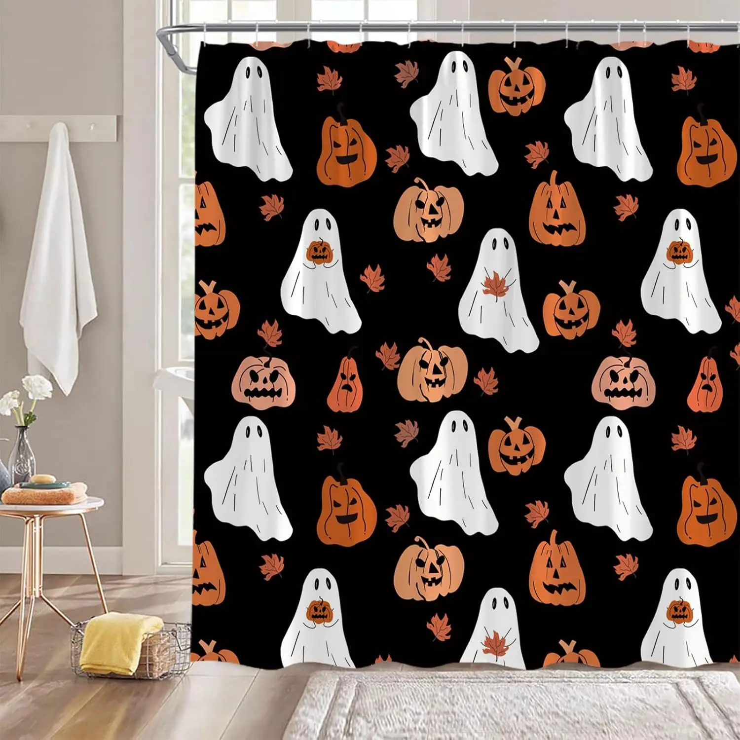 

Halloween Ghost Shower Curtain Spooky Ghost Horror Pumpkin Maple Leaves Funny Cartoon Holiday Black White Bathroom Bathtub
