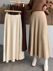 Beiyingni Women Long Maxi Knitted Skirt Autumn Winter Casual Pleated High Waist A-line Skirts 90cm 2022 Korean Fashion Faldas