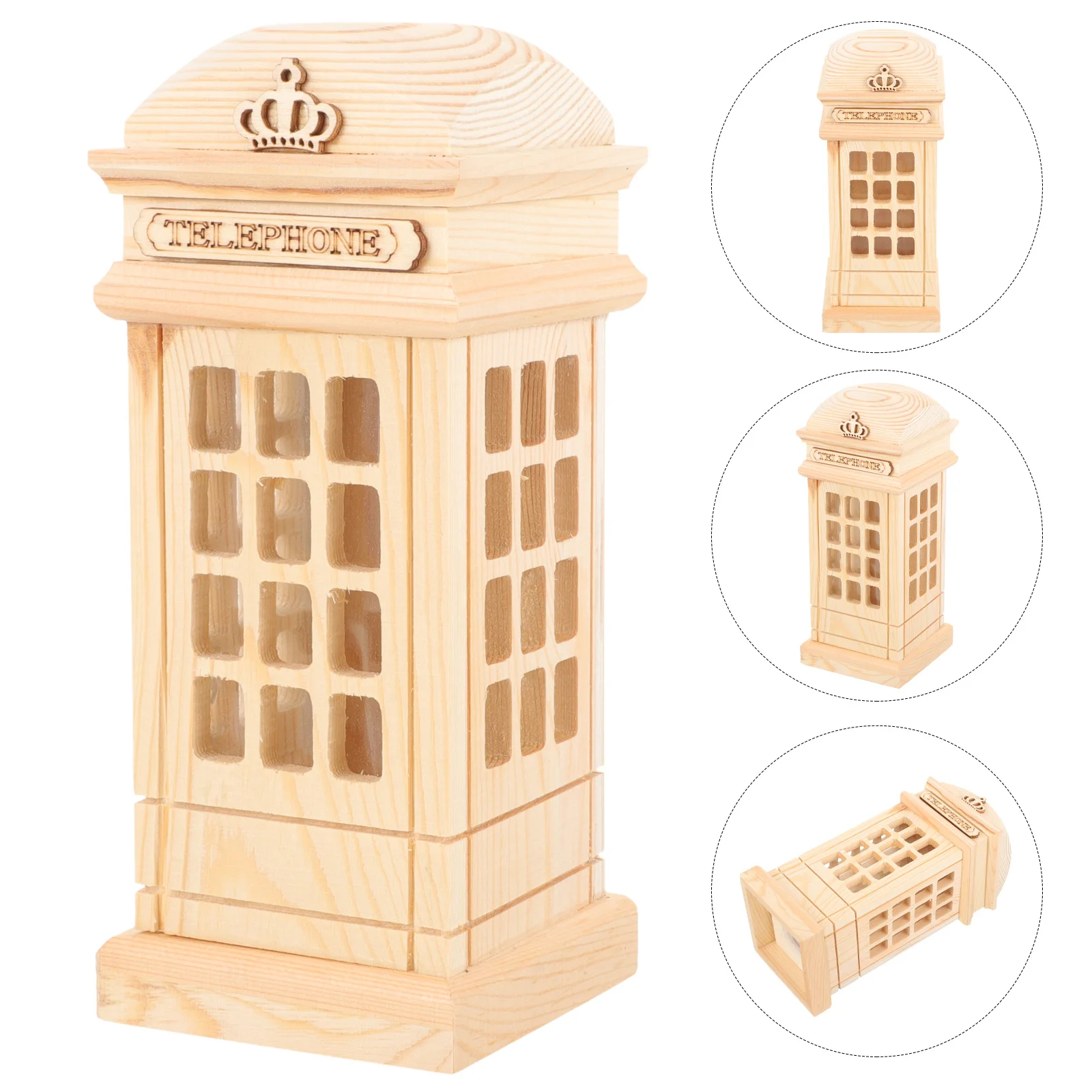 

Telephone Booth Piggy Bank Unfinished Wood Shape Coin Bank DIY Graffiti Craft Kids Money Saving Container Gift