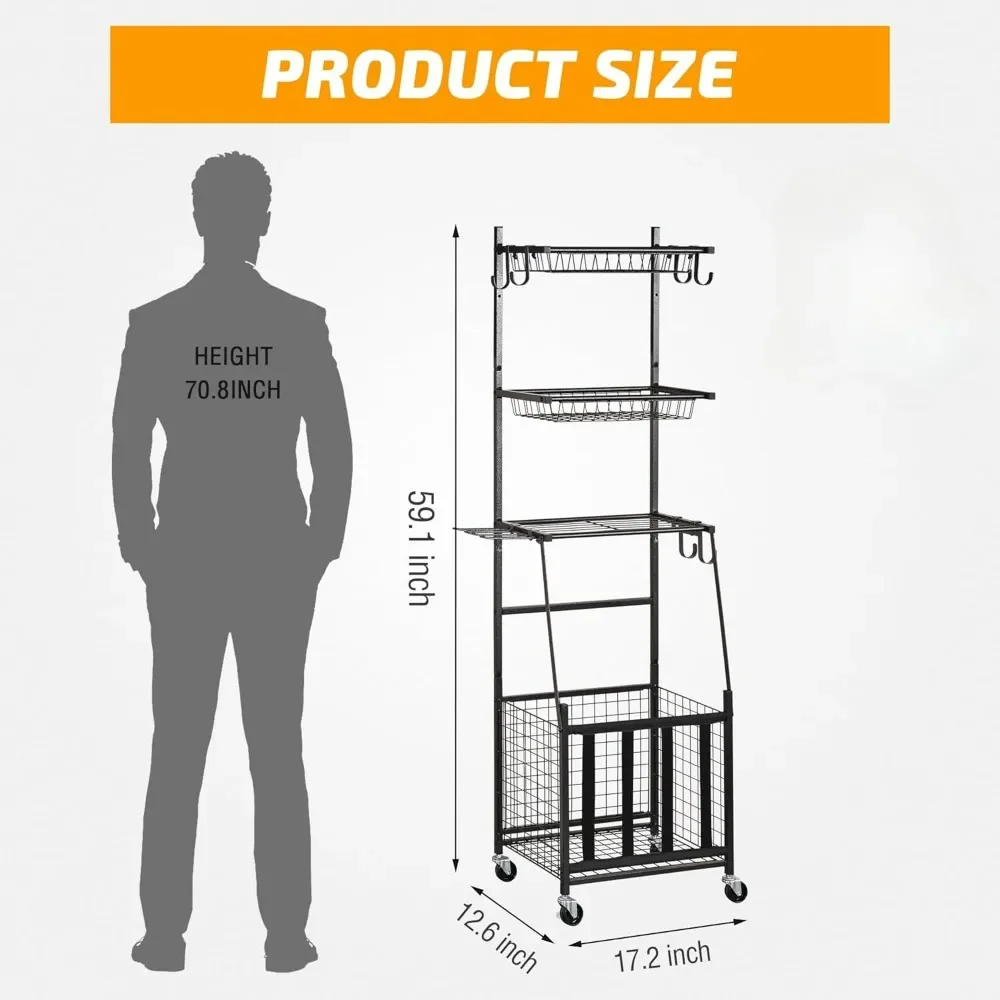 Sports Equipment Storage for Garage,  Ball Storage Garage Organizer with Basket and Hooks, Storages Systems Sports Gear Storage