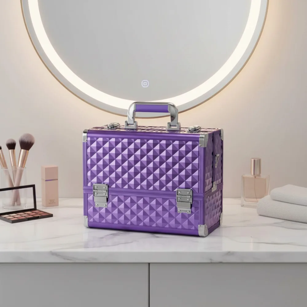 

12.6 Inch Large Cosmetic Case with 6 Trays, Locking Shoulder Strap, Hard Vanity Storage in Purple