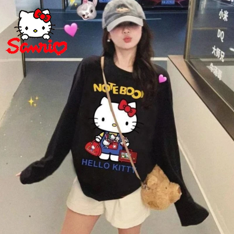 

Sanrio Hello Kitty женская футболка с принтом, осенняя повседневная универсальная футболка с мультяшным принтом и круглым вырезом, зимняя модная теплая базовая рубашка
