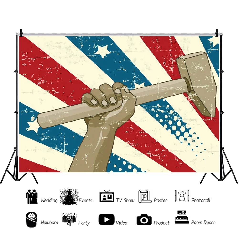 Laeacco Happy วันแรงงานฉากหลังสำหรับถ่ายภาพ Grunge American Flag ค้อนเด็กผู้ใหญ่วันหยุดฉลองภาพพื้นหลัง