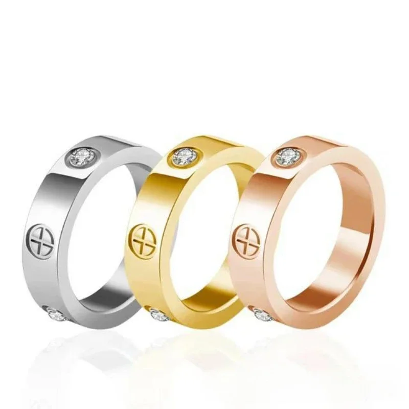 2023 Trendy Stainless Steel Rose Gold Love Cross Ring for Women Men Couple Crystal Rings Luxury Brand Jewelry Wedding Band Gift