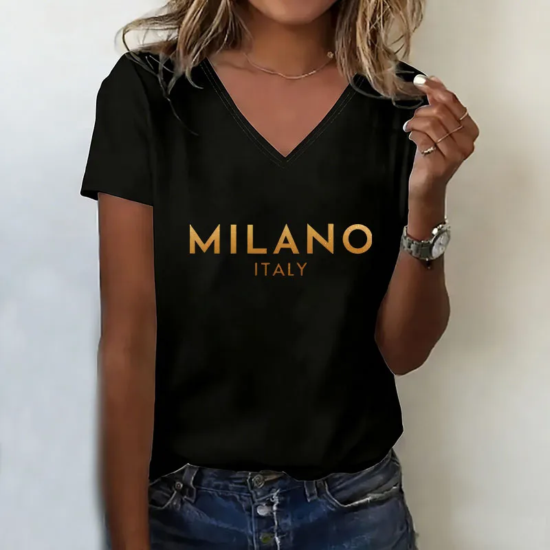 Casual T-shirt V Neck Fashion Milano Italia Letter Printed T Shirts Women Short Sleeve Tee Shirt V-Neck Summer Spring Tops