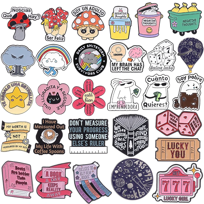 Pins de esmalte con citas de flores de champiñones, memes divertidos de flores y dinero, y la frase 'Mi cerebro ha salido del chat', broche, insignia, joyería, regalos