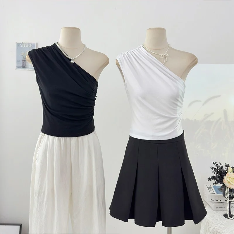 Summer Short Sleeveless Irregular Shoulder Bridesmaid Vest Women's Casual Style Gathered Waist Slimming Top Polyester Fiber