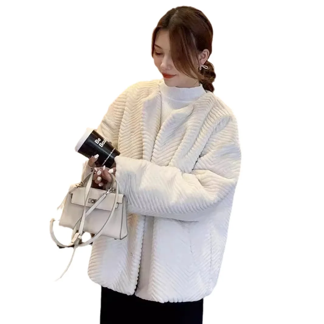 

Осенне-зимнее пальто с круглым вырезом и узором в виде елочки, 2024, новая модная модель свободного кроя, имитация кроличьего меха, женская меховая одежда.