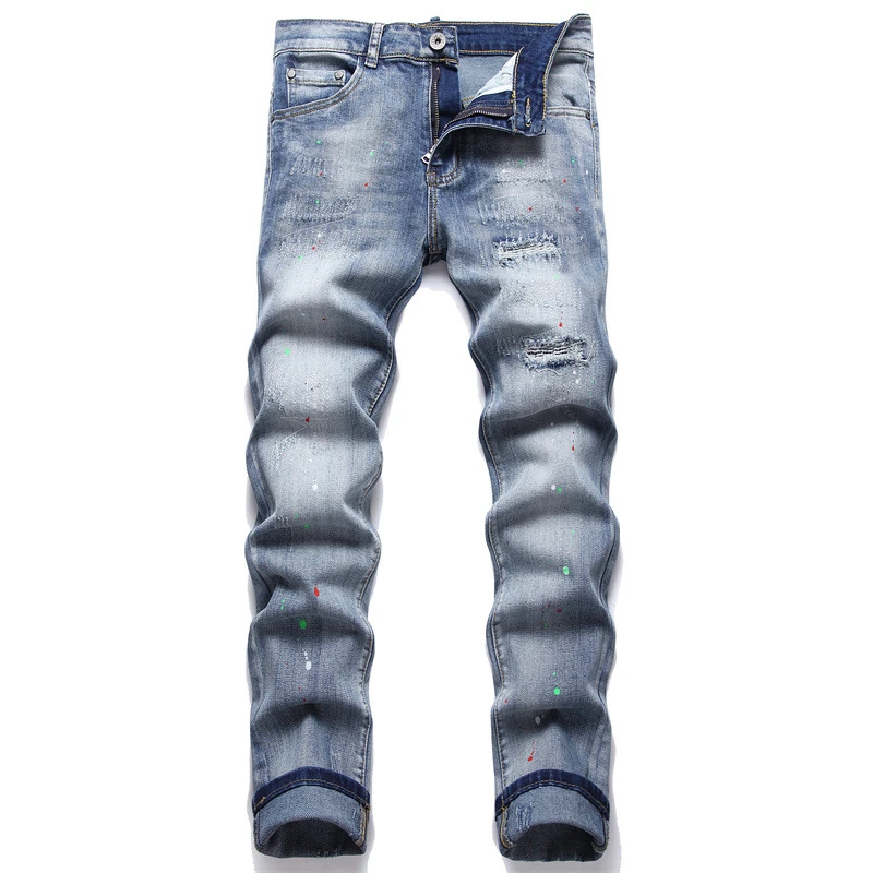 

New Punk Style Light Blue Ripped Jeans Mid-Waist Casual Slim Stretch Pencil Pants Motorcycle Hip Hop Clothing