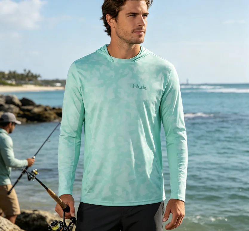 

Long Sleeve Hoodies HUK Fishing Shirt Men Outdoor UV Clothing Hooded Coat Breathable Anti Mosquito Quick Dry Thin Fishing Tops