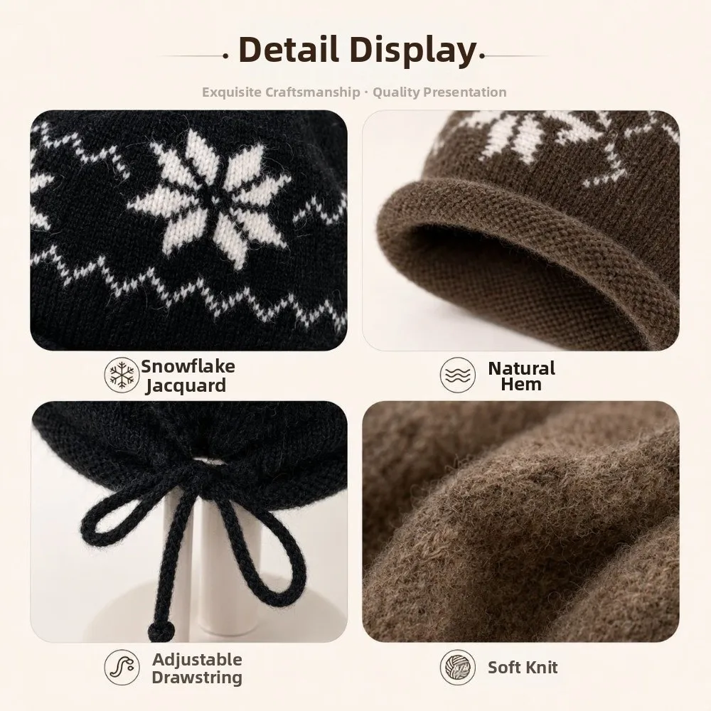 Fashion Drawstring Knitted Hat Snowflake Printed Keep Warm Beanies Hat Winter Hat Winter